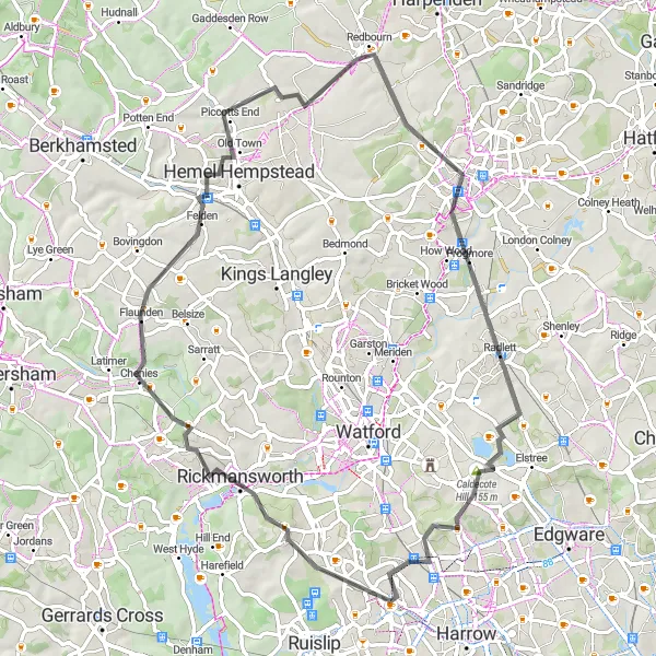 Map miniature of "St Albans Epic and Caldecote Hill" cycling inspiration in Outer London — West and North West, United Kingdom. Generated by Tarmacs.app cycling route planner