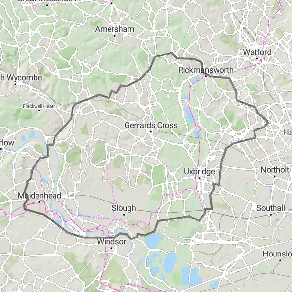 Map miniature of "Windsor and Pottery Hill Adventure" cycling inspiration in Outer London — West and North West, United Kingdom. Generated by Tarmacs.app cycling route planner