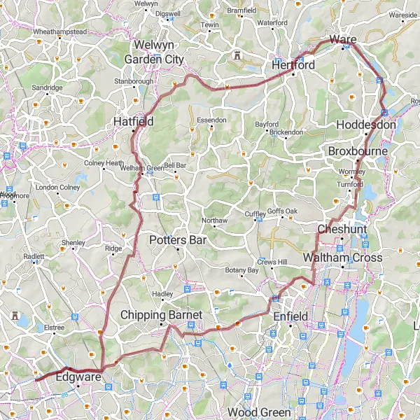 Map miniature of "The Gravel Adventure through Hertford" cycling inspiration in Outer London — West and North West, United Kingdom. Generated by Tarmacs.app cycling route planner