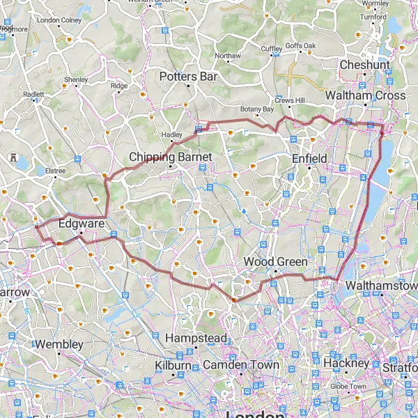 Map miniature of "West Green Gravel Ride" cycling inspiration in Outer London — West and North West, United Kingdom. Generated by Tarmacs.app cycling route planner
