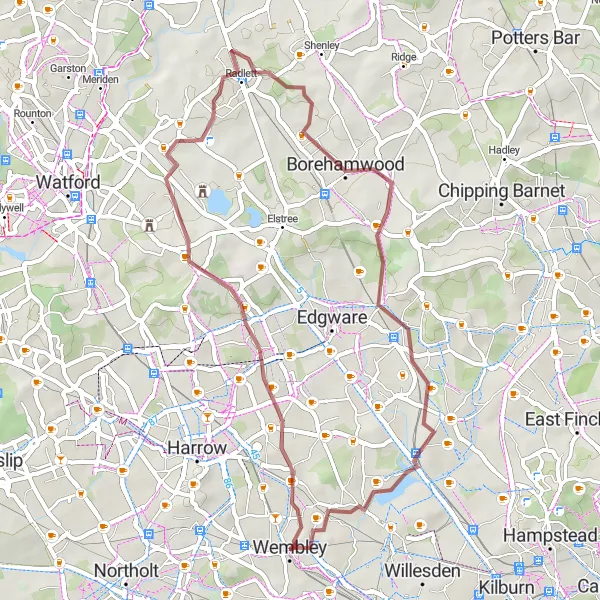 Map miniature of "Sudbury Gravel Adventure" cycling inspiration in Outer London — West and North West, United Kingdom. Generated by Tarmacs.app cycling route planner