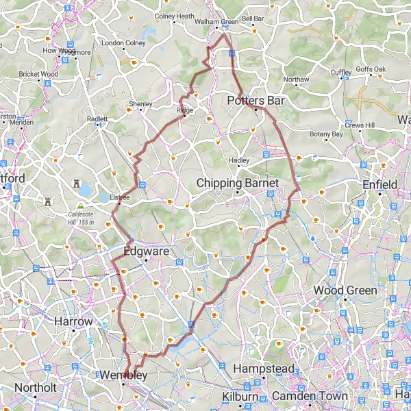 Map miniature of "Scenic Gravel Adventure" cycling inspiration in Outer London — West and North West, United Kingdom. Generated by Tarmacs.app cycling route planner