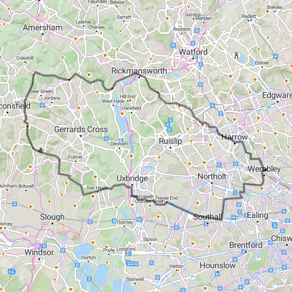 Map miniature of "Sudbury to Horsenden Hill Loop" cycling inspiration in Outer London — West and North West, United Kingdom. Generated by Tarmacs.app cycling route planner
