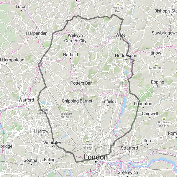 Map miniature of "Sudbury to Waltham Abbey Loop" cycling inspiration in Outer London — West and North West, United Kingdom. Generated by Tarmacs.app cycling route planner