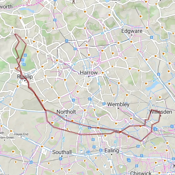 Map miniature of "The Northolt Gravel Challenge" cycling inspiration in Outer London — West and North West, United Kingdom. Generated by Tarmacs.app cycling route planner