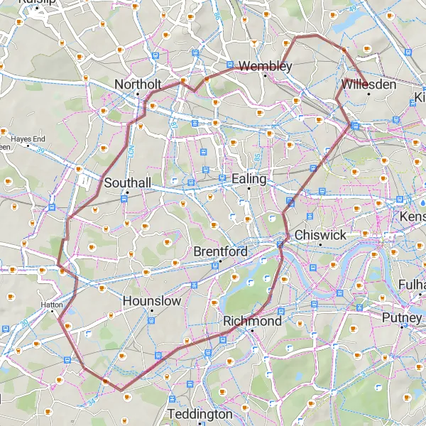 Map miniature of "The Kew Gravel Expedition" cycling inspiration in Outer London — West and North West, United Kingdom. Generated by Tarmacs.app cycling route planner