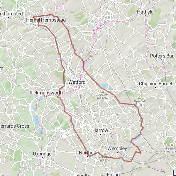 Map miniature of "The Gravel Adventure" cycling inspiration in Outer London — West and North West, United Kingdom. Generated by Tarmacs.app cycling route planner