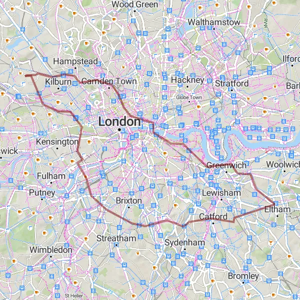Map miniature of "The Urban Gravel" cycling inspiration in Outer London — West and North West, United Kingdom. Generated by Tarmacs.app cycling route planner