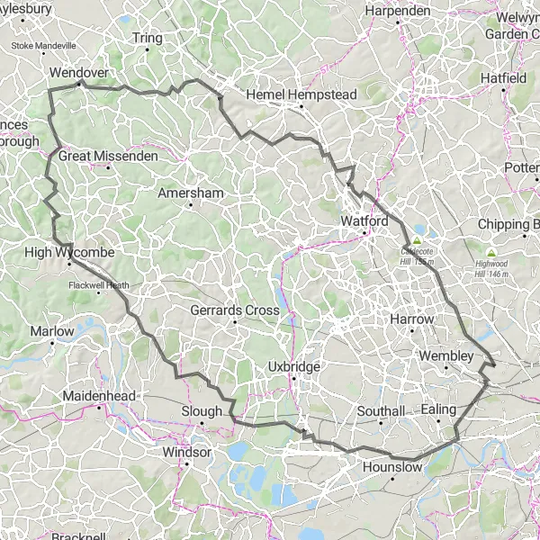 Map miniature of "The Chilterns Loop" cycling inspiration in Outer London — West and North West, United Kingdom. Generated by Tarmacs.app cycling route planner