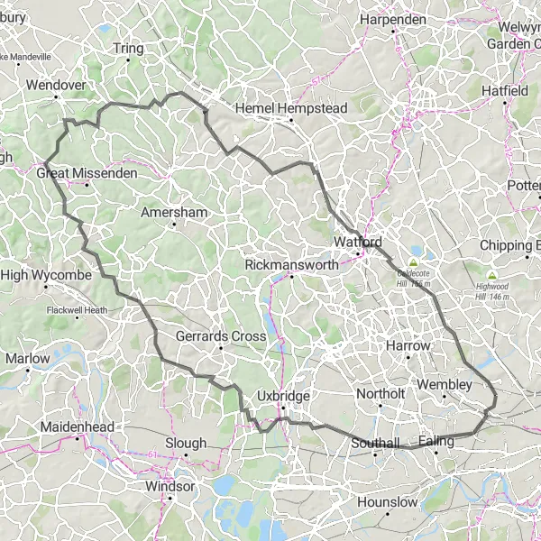 Map miniature of "The Watford Loop" cycling inspiration in Outer London — West and North West, United Kingdom. Generated by Tarmacs.app cycling route planner