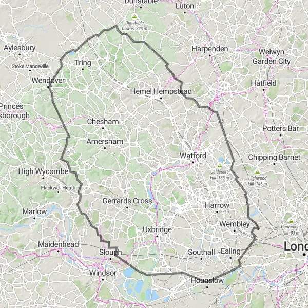 Map miniature of "The Beaconsfield Loop" cycling inspiration in Outer London — West and North West, United Kingdom. Generated by Tarmacs.app cycling route planner