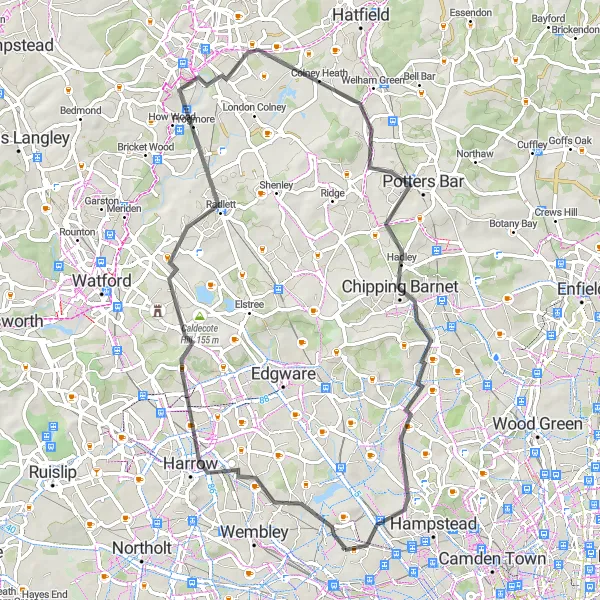 Map miniature of "The Harrow Loop" cycling inspiration in Outer London — West and North West, United Kingdom. Generated by Tarmacs.app cycling route planner