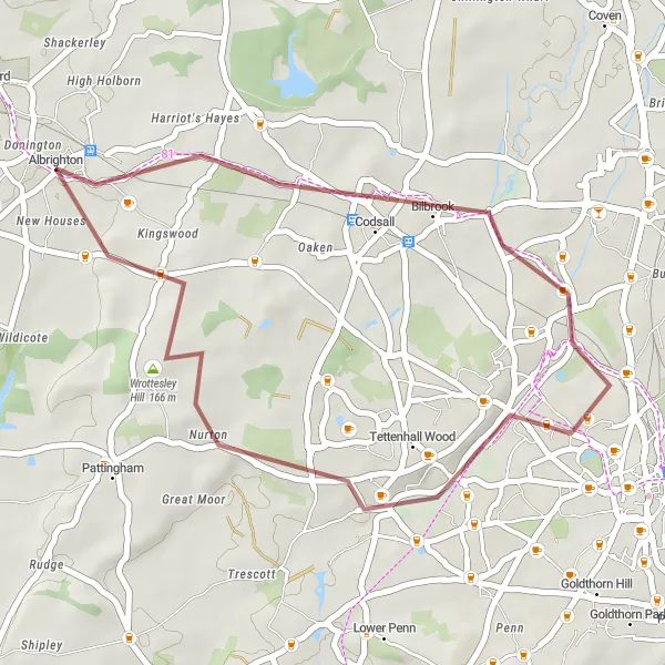Map miniature of "Codsall and Perton Gravel Loop" cycling inspiration in Shropshire and Staffordshire, United Kingdom. Generated by Tarmacs.app cycling route planner