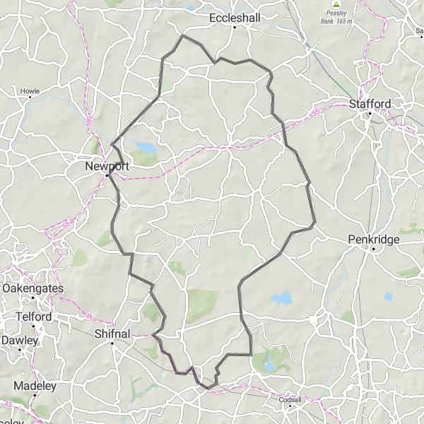 Map miniature of "The Staffordshire Road Loop" cycling inspiration in Shropshire and Staffordshire, United Kingdom. Generated by Tarmacs.app cycling route planner