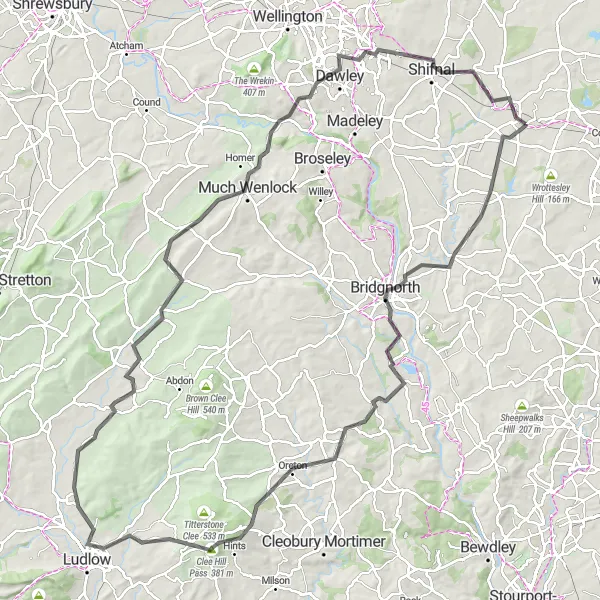 Map miniature of "The Shropshire Hill Climbs" cycling inspiration in Shropshire and Staffordshire, United Kingdom. Generated by Tarmacs.app cycling route planner