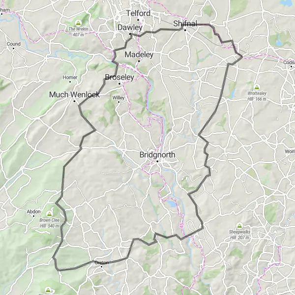 Map miniature of "Adventures in Alveley" cycling inspiration in Shropshire and Staffordshire, United Kingdom. Generated by Tarmacs.app cycling route planner
