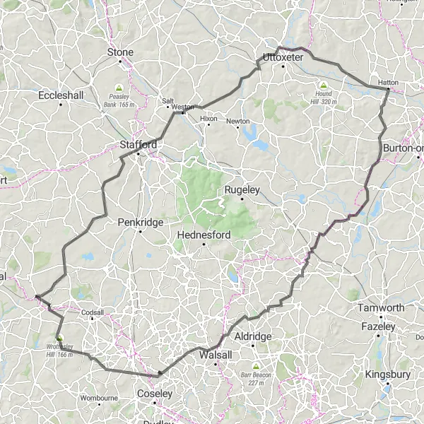 Map miniature of "Staffordshire Country Escape" cycling inspiration in Shropshire and Staffordshire, United Kingdom. Generated by Tarmacs.app cycling route planner