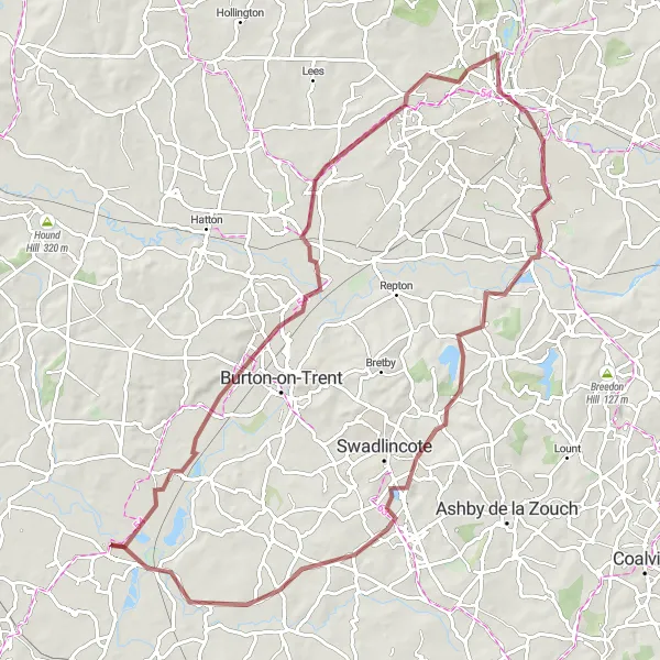 Map miniature of "Shobnall to Edingale Loop" cycling inspiration in Shropshire and Staffordshire, United Kingdom. Generated by Tarmacs.app cycling route planner