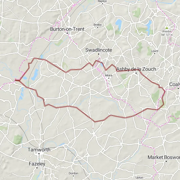 Map miniature of "Alrewas to Harlaston Gravel Loop" cycling inspiration in Shropshire and Staffordshire, United Kingdom. Generated by Tarmacs.app cycling route planner