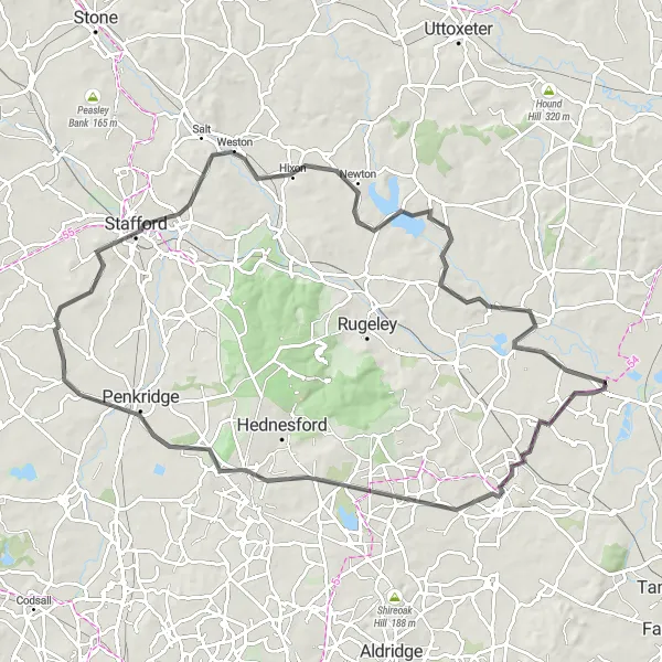 Map miniature of "Lichfield to Stafford Loop" cycling inspiration in Shropshire and Staffordshire, United Kingdom. Generated by Tarmacs.app cycling route planner