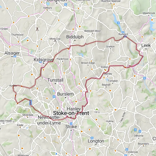 Map miniature of "The Staffordshire Grind" cycling inspiration in Shropshire and Staffordshire, United Kingdom. Generated by Tarmacs.app cycling route planner