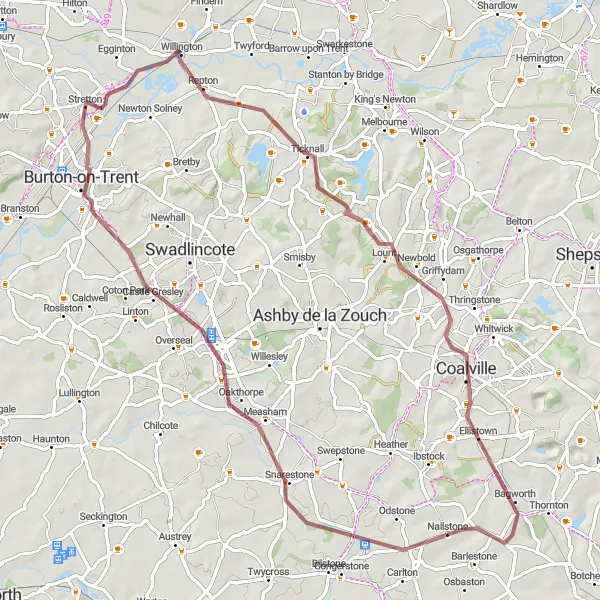 Map miniature of "The Willington Gravel Ride" cycling inspiration in Shropshire and Staffordshire, United Kingdom. Generated by Tarmacs.app cycling route planner