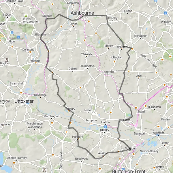 Map miniature of "Scenic Countryside Loop" cycling inspiration in Shropshire and Staffordshire, United Kingdom. Generated by Tarmacs.app cycling route planner