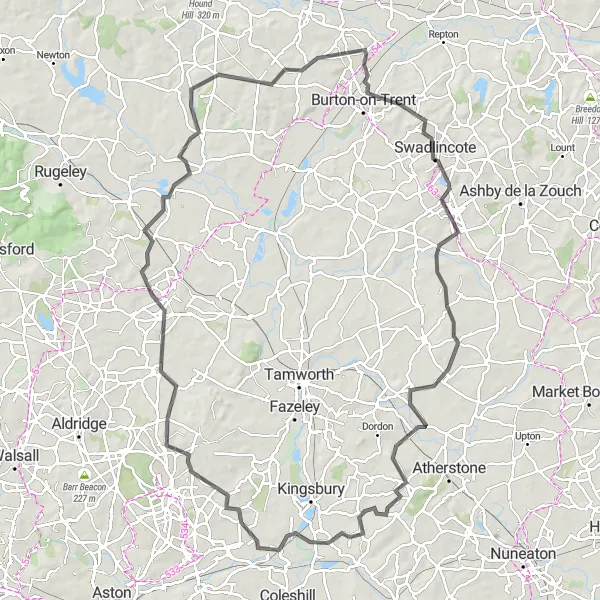 Map miniature of "The Lichfield Loop" cycling inspiration in Shropshire and Staffordshire, United Kingdom. Generated by Tarmacs.app cycling route planner