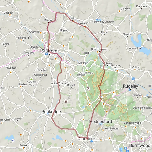 Map miniature of "Cannock Hills and Hatherton Loop" cycling inspiration in Shropshire and Staffordshire, United Kingdom. Generated by Tarmacs.app cycling route planner