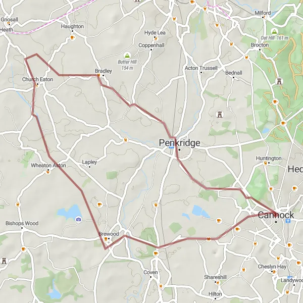 Map miniature of "The Brewood Loop" cycling inspiration in Shropshire and Staffordshire, United Kingdom. Generated by Tarmacs.app cycling route planner