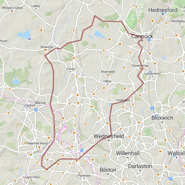 Map miniature of "Wolverhampton Explorer" cycling inspiration in Shropshire and Staffordshire, United Kingdom. Generated by Tarmacs.app cycling route planner
