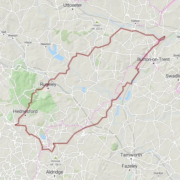 Map miniature of "Rugeley and Lichfield Gravel Loop" cycling inspiration in Shropshire and Staffordshire, United Kingdom. Generated by Tarmacs.app cycling route planner