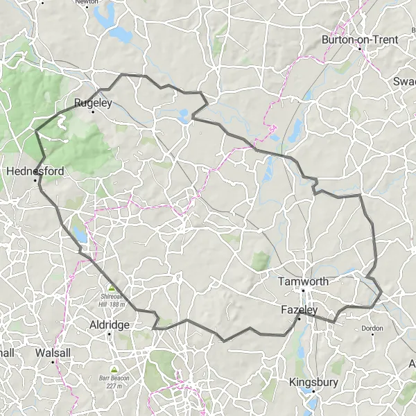 Map miniature of "Rugeley and Fazeley Road Loop" cycling inspiration in Shropshire and Staffordshire, United Kingdom. Generated by Tarmacs.app cycling route planner