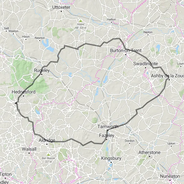Map miniature of "Staffordshire Sportive" cycling inspiration in Shropshire and Staffordshire, United Kingdom. Generated by Tarmacs.app cycling route planner