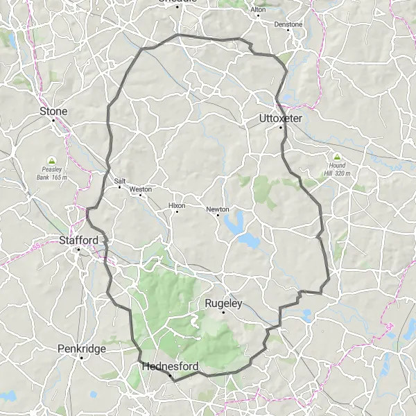 Map miniature of "The Staffordshire Hills" cycling inspiration in Shropshire and Staffordshire, United Kingdom. Generated by Tarmacs.app cycling route planner