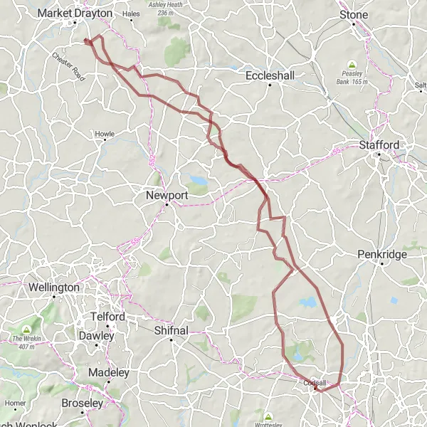 Map miniature of "Gravel Adventure: Staffordshire's Hidden Trails" cycling inspiration in Shropshire and Staffordshire, United Kingdom. Generated by Tarmacs.app cycling route planner