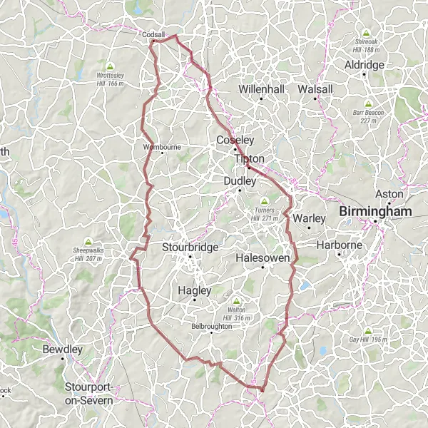 Map miniature of "Wolverhampton Gravel Adventure" cycling inspiration in Shropshire and Staffordshire, United Kingdom. Generated by Tarmacs.app cycling route planner