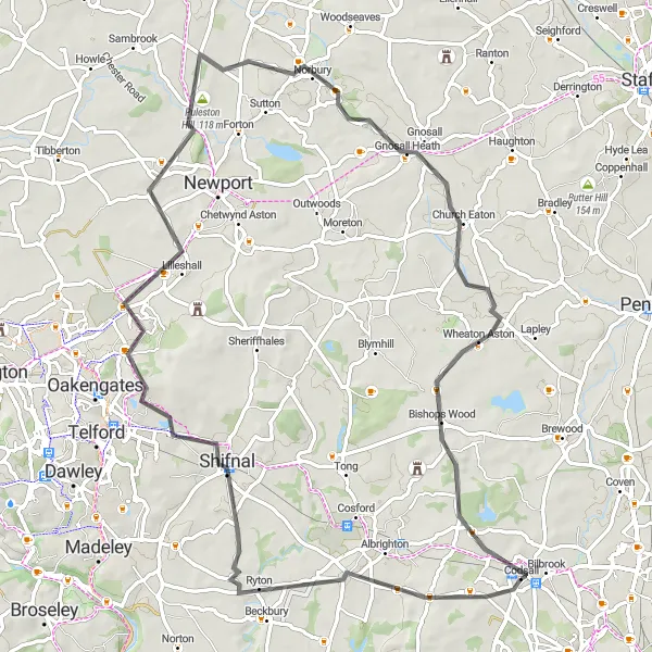 Map miniature of "Shropshire Road Loop" cycling inspiration in Shropshire and Staffordshire, United Kingdom. Generated by Tarmacs.app cycling route planner