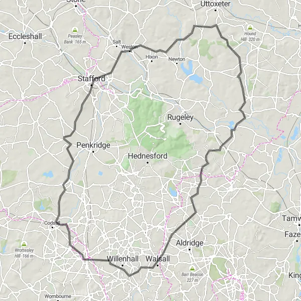 Map miniature of "Brewood Exploration" cycling inspiration in Shropshire and Staffordshire, United Kingdom. Generated by Tarmacs.app cycling route planner