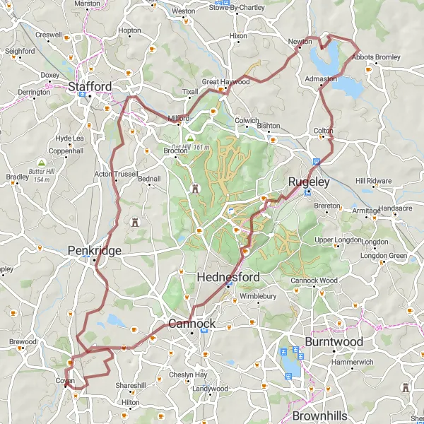 Map miniature of "The Staffordshire Scramble" cycling inspiration in Shropshire and Staffordshire, United Kingdom. Generated by Tarmacs.app cycling route planner