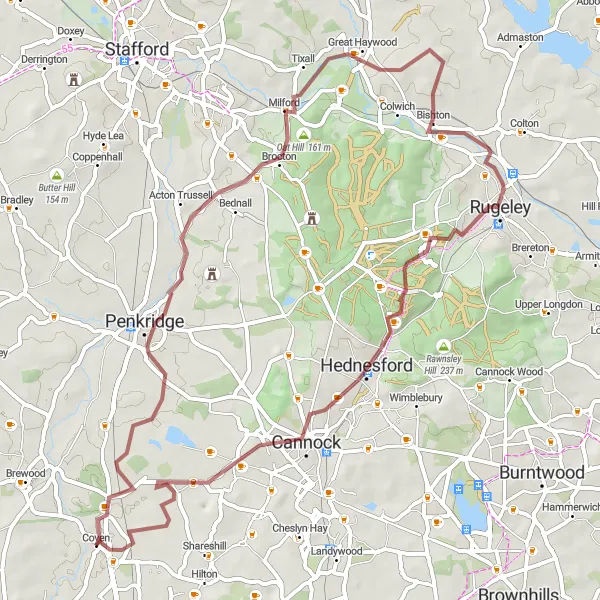 Map miniature of "The Shropshire Hills Adventure" cycling inspiration in Shropshire and Staffordshire, United Kingdom. Generated by Tarmacs.app cycling route planner