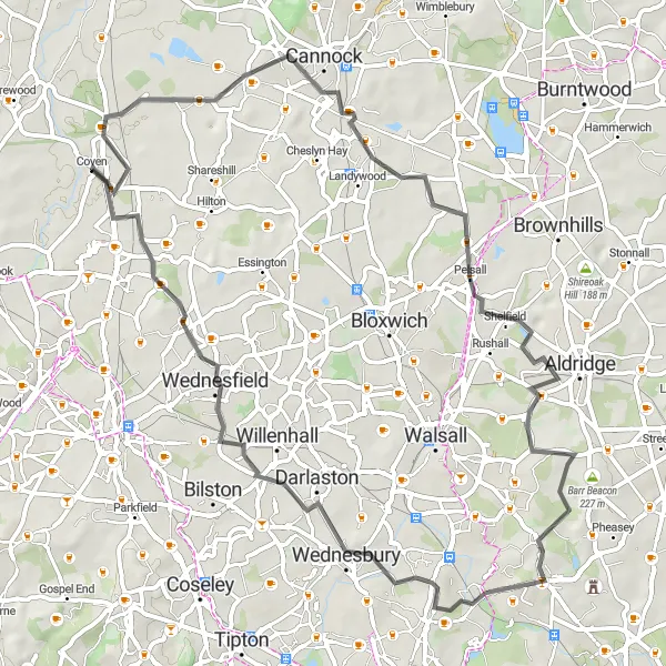 Map miniature of "Coven Countryside Ride" cycling inspiration in Shropshire and Staffordshire, United Kingdom. Generated by Tarmacs.app cycling route planner