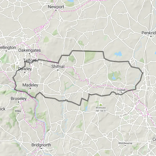 Map miniature of "The Telford Heritage Loop" cycling inspiration in Shropshire and Staffordshire, United Kingdom. Generated by Tarmacs.app cycling route planner
