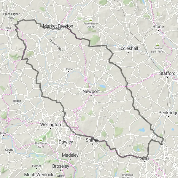 Map miniature of "Coven Road Adventure" cycling inspiration in Shropshire and Staffordshire, United Kingdom. Generated by Tarmacs.app cycling route planner