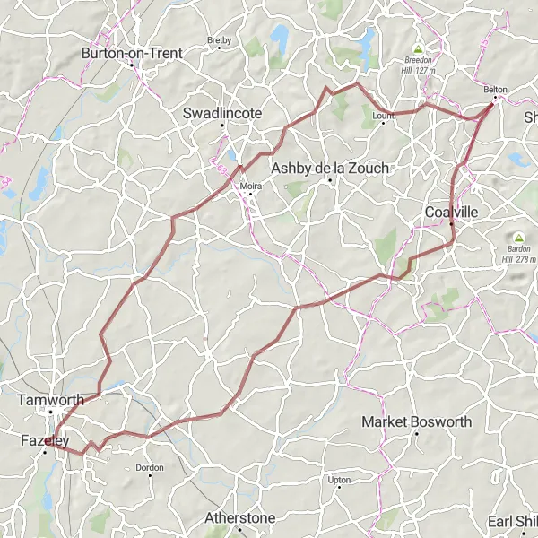 Map miniature of "The Gravel Adventure" cycling inspiration in Shropshire and Staffordshire, United Kingdom. Generated by Tarmacs.app cycling route planner