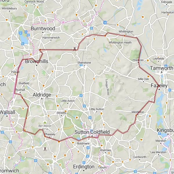 Map miniature of "Barr Beacon Gravel Excursion" cycling inspiration in Shropshire and Staffordshire, United Kingdom. Generated by Tarmacs.app cycling route planner