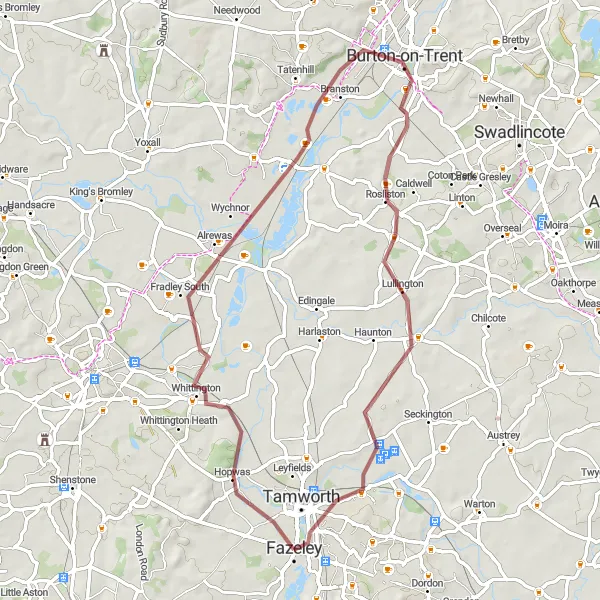 Map miniature of "Gravel Loop through Shropshire and Staffordshire" cycling inspiration in Shropshire and Staffordshire, United Kingdom. Generated by Tarmacs.app cycling route planner