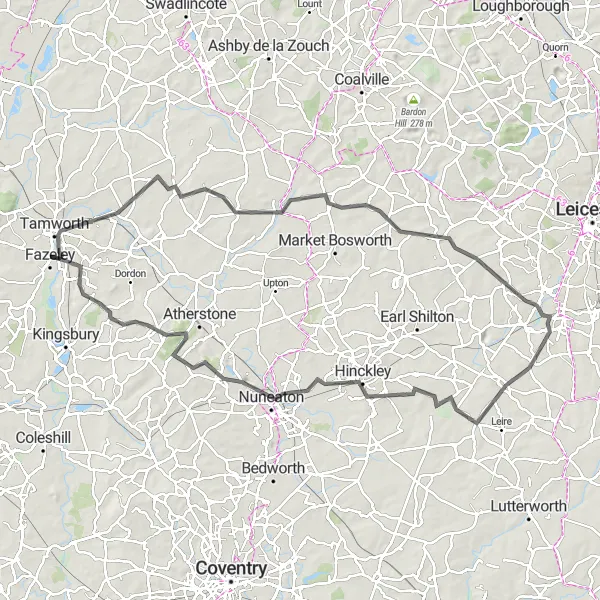 Map miniature of "Tamworth Road Adventure" cycling inspiration in Shropshire and Staffordshire, United Kingdom. Generated by Tarmacs.app cycling route planner
