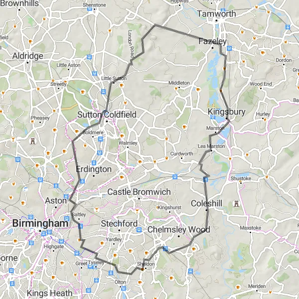 Map miniature of "Fazeley Loop" cycling inspiration in Shropshire and Staffordshire, United Kingdom. Generated by Tarmacs.app cycling route planner