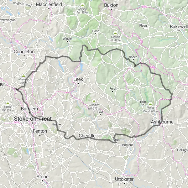 Map miniature of "Peak District Challenge" cycling inspiration in Shropshire and Staffordshire, United Kingdom. Generated by Tarmacs.app cycling route planner